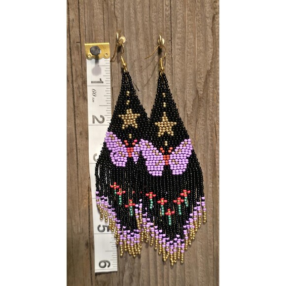 Handmade Beaded Butterfly Drop Dangle Earrings, Black Statement Earrings, 6 Inch - Picture 2 of 2